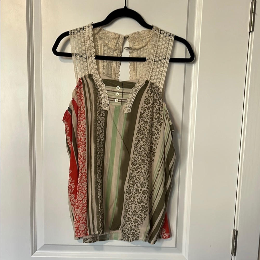 CAbi Green and Tan Asymmetrical Sleeveless Tank Top